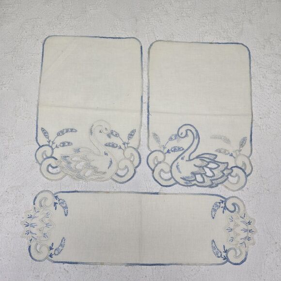 Embroidered Swan His Her Tea Towels Table Runner Retro Linens Brunch Bridgerton - Picture 2 of 5